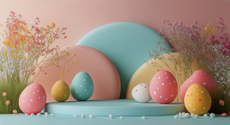 Bright pastel eggs are arranged on a gentle blue stage, surrounded by colorful decorations and natural elements, creating a joyful atmosphere for Easter festivities.の素材