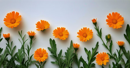 Vivid orange flowers and lush green leaves are beautifully arranged on a light blue background, creating an eye-catching display perfect for seasonal decor or design projects.の素材
