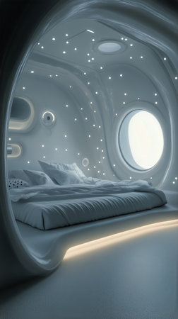 A sleek bedroom features curved walls, ambient lighting, and large windows. The minimalist decor includes a cozy bed and highlights the innovative design in a serene setting.の素材