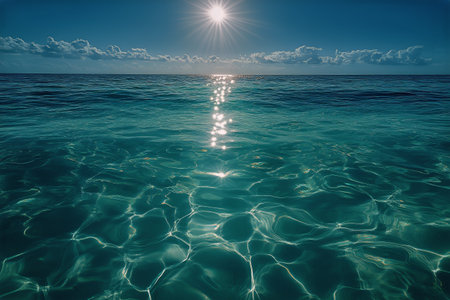 Bright sunlight reflects off calm turquoise ocean waves, creating sparkling patterns on the waters surface. The serene midday atmosphere invites relaxation and tranquility.の素材