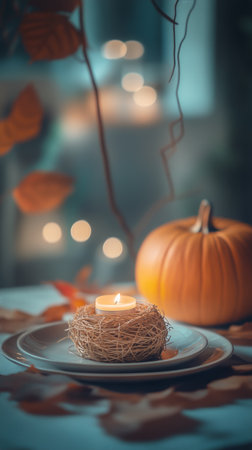 Warm colors of autumn fill the table with a pumpkin centerpiece, glowing candles, and rustic elements for a cozy atmosphere perfect for gatherings during the fall season.の素材
