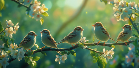 Two sparrows rest on branches surrounded by colorful blossoms as the sun sets in a lively spring garden, creating a peaceful and beautiful atmosphere.の素材