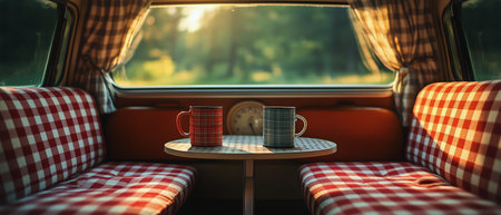 Two mugs rest on a round table in a vintage camper, surrounded by checkered upholstery and illuminated by morning sunlight filtering through the window.の素材