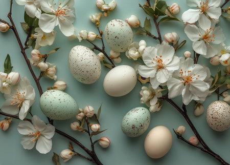 Delicate white flowers and smooth eggs are arranged artistically on a light background. Natural light enhances the serene composition, creating a tranquil atmosphere.の素材