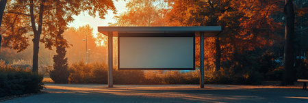 A modern bus stop shelter stands empty in a park, framed by vibrant orange and yellow trees. It is a calm autumn day with a clear sky and scattered fallen leaves on the ground.の素材