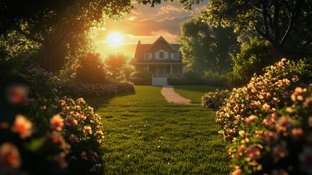 A serene garden blooms with colorful flowers under a vibrant sunset. A charming house stands in the background, offering a peaceful retreat in the warm evening light.の素材