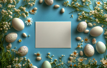 Decorative Easter eggs in various colors are arranged around a blank card, complemented by small white flowers on a soothing blue surface, creating a festive atmosphere.の素材