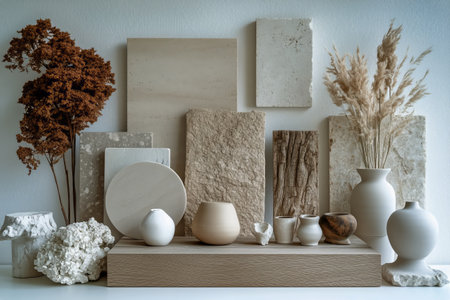 Natural materials including stone, marble, and clay are artistically arranged on a wooden surface, showing various textures and colors in a stylish, contemporary setting.の素材