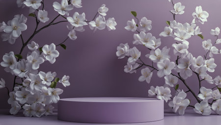 Delicate white flowers bloom against a soft purple background, enhancing the tranquil atmosphere. A circular platform invites creativity, perfect for showcasing spring themes.の素材