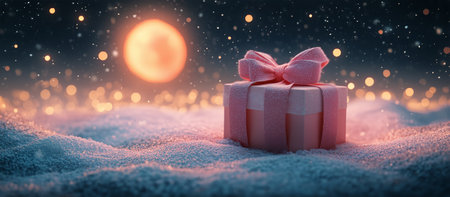 A beautifully wrapped gift sits on a bed of snow, illuminated by a glowing moon and soft bokeh lights against a tranquil winter evening backdrop.の素材