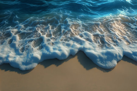 Waves roll softly onto the shore under bright sunlight, creating a tranquil atmosphere at the beach. The clear blue water contrasts beautifully with the sandy coast.の素材