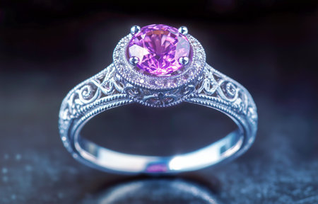 This exquisite vintage ring showcases a large amethyst center stone surrounded by smaller diamonds, all set in an ornate golden band. Perfect for special occasions or as a unique gift.の素材