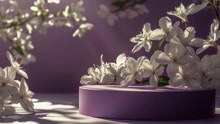 Delicate white flowers bloom against a soft purple background, enhancing the tranquil atmosphere. A circular platform invites creativity, perfect for showcasing spring themes.の素材