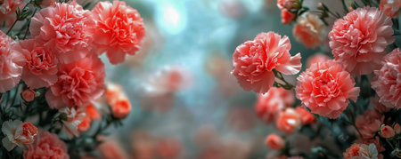 A beautiful arrangement of red and pink carnations stands tall, illuminated by gentle natural light, showing the delicate texture and intricate layers of the petals.の素材
