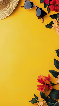 Vibrant yellow background features a summer hat and sunglasses surrounded by white flowers and green leaves, creating a cheerful tropical ambiance ideal for warm weather.の素材