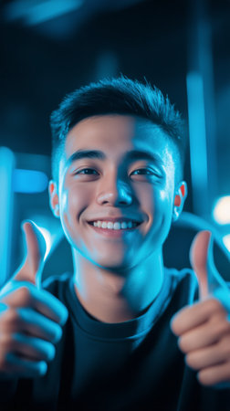 A young man smiles widely while giving two thumbs up in a bright blue lit environment. The cheerful expression conveys positivity and enthusiasm in a casual indoor setting.の素材
