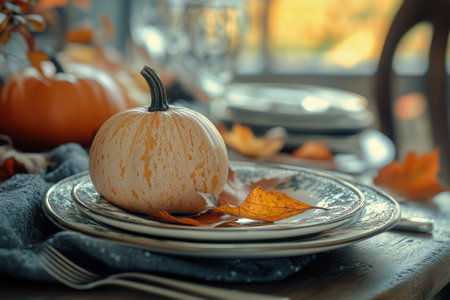 A charming table setting featuring small pumpkins, vibrant autumn leaves, and elegant dinnerware, creating a festive atmosphere for a seasonal gathering outside.の素材