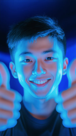 A young man smiles widely while giving two thumbs up in a bright blue lit environment. The cheerful expression conveys positivity and enthusiasm in a casual indoor setting.の素材
