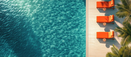 Bright orange lounge chairs are positioned by a sparkling pool. Sunlight glistens on the water, creating a serene atmosphere amidst lush green palm trees and warm weather.の素材