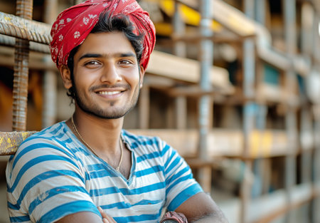 A young man with a red turban stands at a construction site, smiling broadly. He wears a striped shirt and leans against scaffolding, showing a sense of pride in his work.の素材