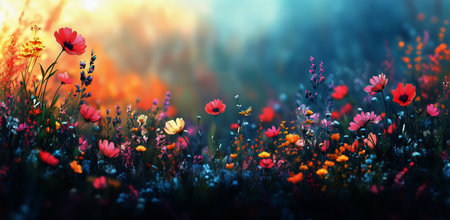 A field of various wildflowers displays vibrant colors as the sun sets, creating a magical atmosphere filled with soft light and a sense of serenity.の素材
