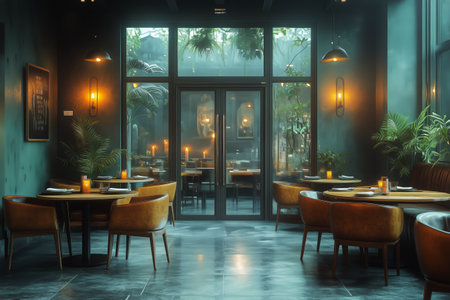 Soft lighting and greenery enhance the ambiance of a modern cafe. Tables are set for guests, inviting relaxation and conversation in this urban retreat.の素材