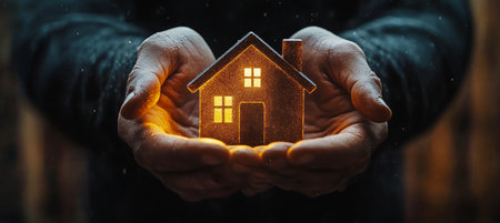 Hands form a protective shape around a glowing house symbol, emphasizing safety and warmth during the night. Soft lighting enhances the magical atmosphere of the moment.の素材