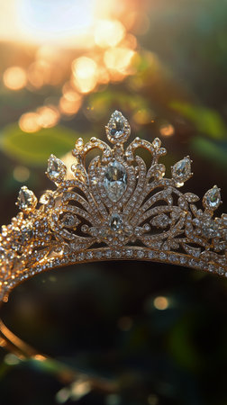 A beautifully crafted crown adorned with jewels catches sunlight among vibrant greenery, creating a magical atmosphere filled with sparkle and elegance.の素材
