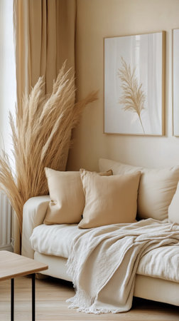 A serene living room features a light beige sofa adorned with pillows in warm tones and a soft blanket. Natural light filters through large windows, highlighting decorative elements.の素材