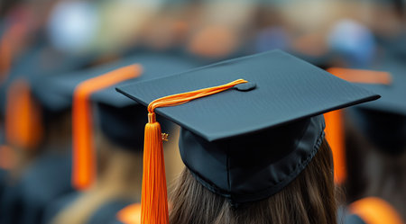 Graduates gathers outdoors for a ceremony, proudly wearing black caps and gowns with orange tassels. The atmosphere is celebratory and filled with excitement.の素材
