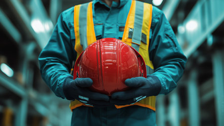 A construction worker stands in a warehouse, holding a red safety helmet. Wearing a yellow safety vest and gloves, the setting emphasizes workplace safety and preparedness.の素材