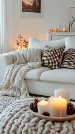 This inviting living space features a light-colored couch adorned with a checkered pillow and warm throw blankets, illuminated by glowing candles and natural light.の素材