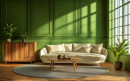 Bright green walls complement a modern sofa and wooden furniture in a well-lit living room with plants and decorative accents.の素材