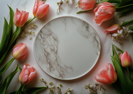 White tulips are arranged around a simple marble plate on a smooth surface, creating a serene and sophisticated atmosphere perfect for a dining setting or event.の素材