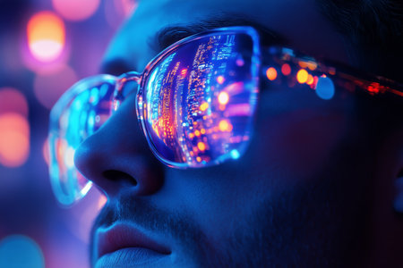 A man with a beard gazes thoughtfully, wearing dark sunglasses that reflect bright neon lights of a bustling city at night. The atmosphere is electrifying and modern.の素材