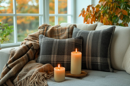A warm living area features flickering candles on a tray, soft blankets, and plaid pillows, creating a cozy atmosphere as autumn leaves brighten the background.の素材