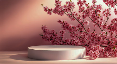 A graceful branch of pink blossoms leans against a clean, round display stand. The soft lighting enhances the delicate pink hues and creates a peaceful atmosphere.の素材
