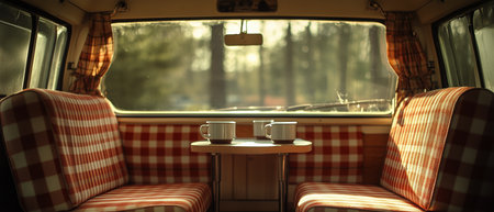 Two mugs rest on a round table in a vintage camper, surrounded by checkered upholstery and illuminated by morning sunlight filtering through the window.の素材