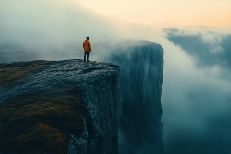 A hiker stands at the edge of a dramatic cliff during sunset, overlooking a breathtaking valley filled with clouds and a vibrant sky. The moment captures natures beauty and tranquility.の素材