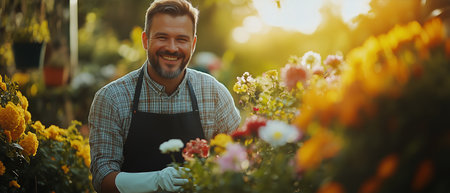 A man is smiling while caring for colorful flowers in a lush garden. Bright sunlight enhances the cheerful atmosphere of the outdoor setting.の素材