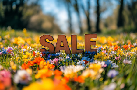 Wooden letters spelling sale stand among vibrant flowers in a sunlit park. The scene captures the essence of spring, enticing shoppers to explore seasonal deals in nature.の素材