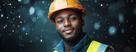 A young construction worker smiles confidently while wearing a hard hat and safety vest. The background shows a blurred industrial area, indicating an active work site during the day.の素材