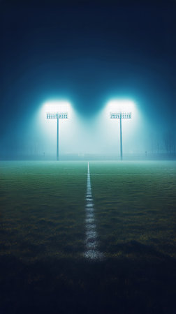 Bright stadium lights illuminate an empty soccer field shrouded in fog during the night. The atmosphere feels mysterious and serene, with shadows and light contrasting vividly.の素材