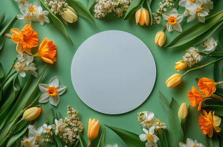 A vibrant arrangement of spring flowers including tulips and daffodils surrounds a blank circular surface on a green background, perfect for creative displays or announcements.の素材