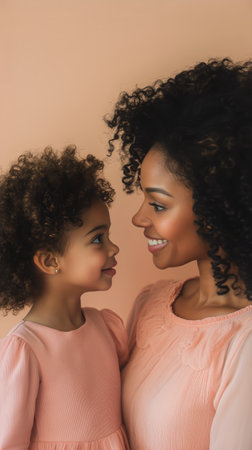 Smiling mother and daughter enjoy each others company, both wearing stylish matching outfits. Their curly hair adds to the warmth of their cheerful interaction.の素材