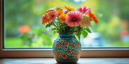 A vibrant vase filled with assorted flowers sits on a windowsill, illuminated by warm sunlight.の素材