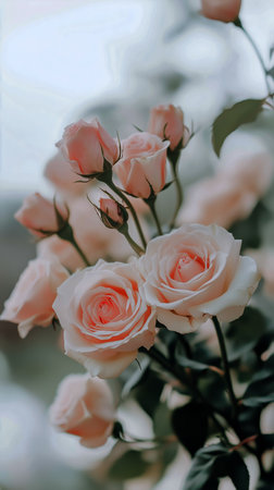 A bouquet of soft pink roses, freshly cut, stands elegantly in a calming setting with subtle green leaves adding contrast, creating an inviting atmosphere.の素材