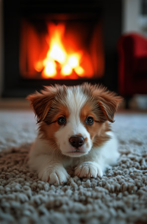 A fluffy puppy rests on a soft rug in front of a warm fireplace. The room is inviting, with a plush couch and a gentle glow from the fire, suggesting a cozy winter evening.の素材