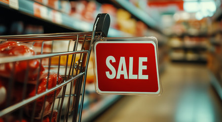 A shopping cart sits in a grocery store aisle showcasing a bright sale sign. Shelves filled with products line the background, creating a vibrant shopping atmosphere.の素材