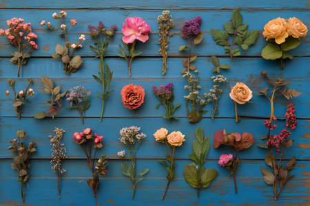 Bright wildflowers of various colors are artistically arranged along a blue wooden backdrop, creating a cheerful and vibrant atmosphere perfect for creative projects.の素材